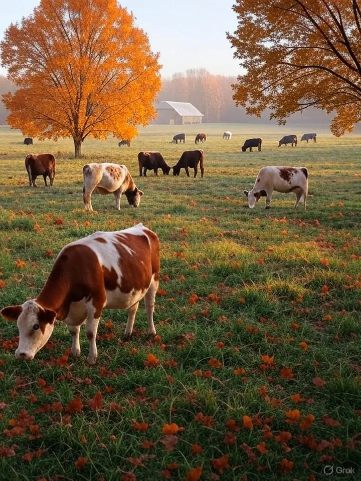 Serene autumn pasture with cows grazing near vibrant orange trees, promoting extended grazing and erosion control with Reiterman Feed