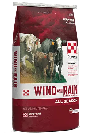 Purina Wind and Rain Mineral feed for Madison County beef cattle at Reiterman Feed & Supply
