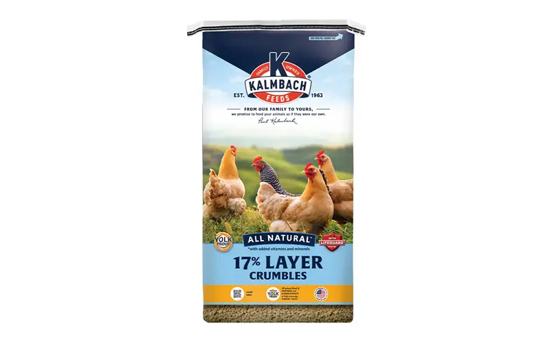 almbach 17% Layer Crumbles Chicken Feed bag, complete nutrition for laying hens, available at Reiterman Feed & Supply