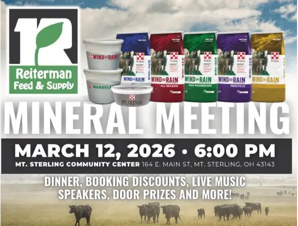 Reiterman Feed Purina Mineral Meeting March 12 2026 Mt Sterling OH - Wind and Rain cattle mineral tubs with spring nutrition strategies event.