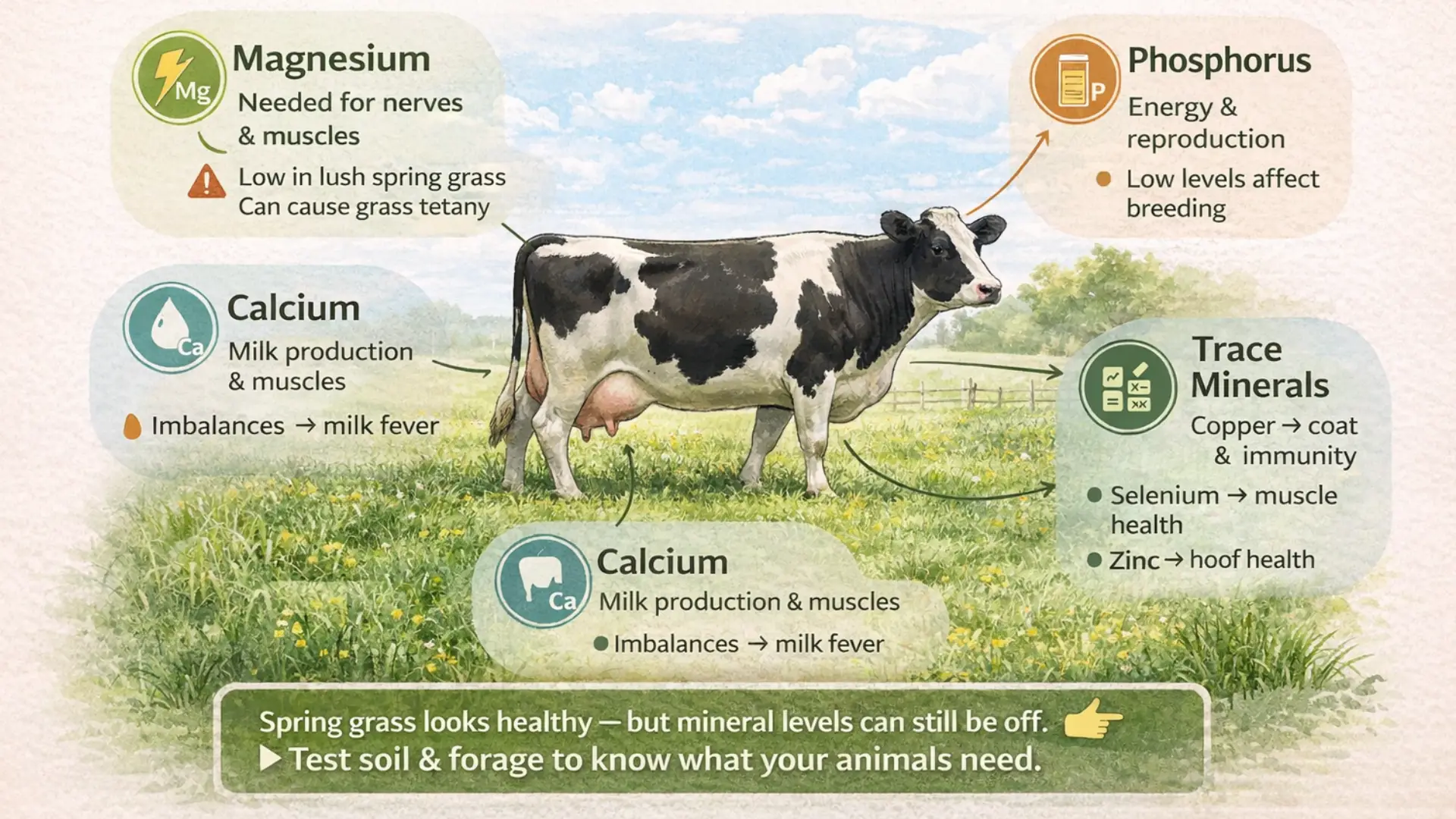 Infographic of dairy cow on spring pasture showing essential minerals: magnesium to prevent grass tetany, calcium for milk fever prevention, phosphorus for reproduction, and trace minerals for immunity and hoof health