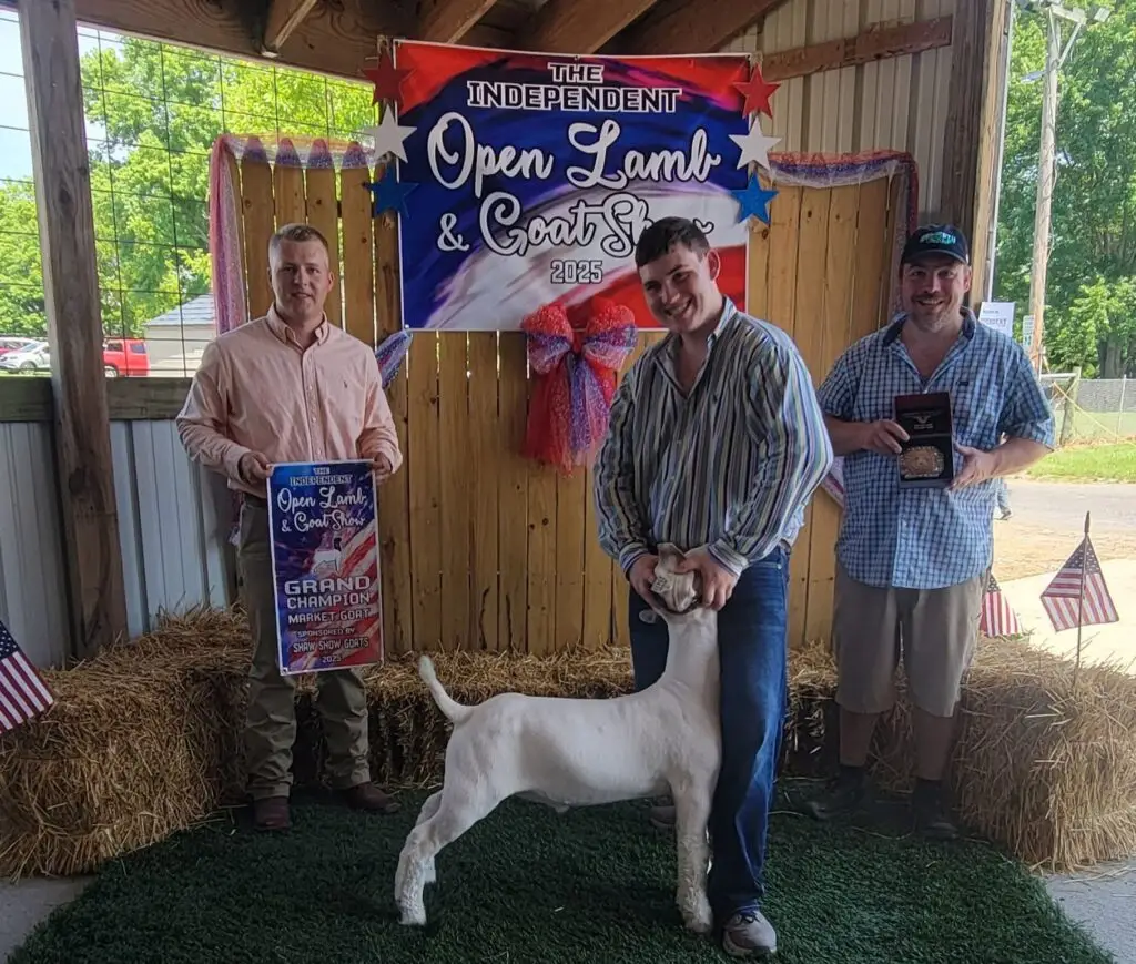 Grand Champion Market Goat at the 2025 Independent Open Lamb & Goat Show, held in Ohio – exhibitor with award-winning white Boer goat and trophy