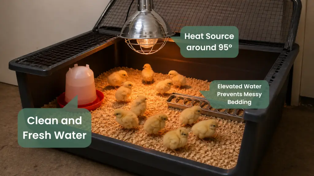 well-set-up brooder with baby chicks, elevated waterer to keep bedding dry, and proper heat source
